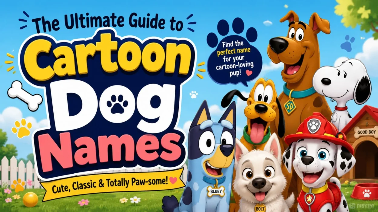 Colorful cartoon dog names guide banner featuring playful animated dogs and fun pet naming inspiration