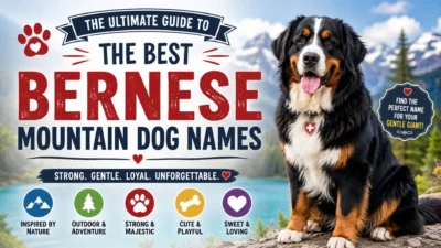 Bernese Mountain Dog by an alpine lake with guide to the best Bernese Mountain Dog names and naming ideas