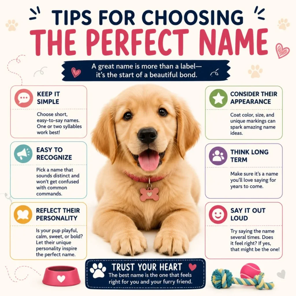 Tips for choosing the perfect dog name infographic with a happy Golden Retriever puppy and practical naming advice