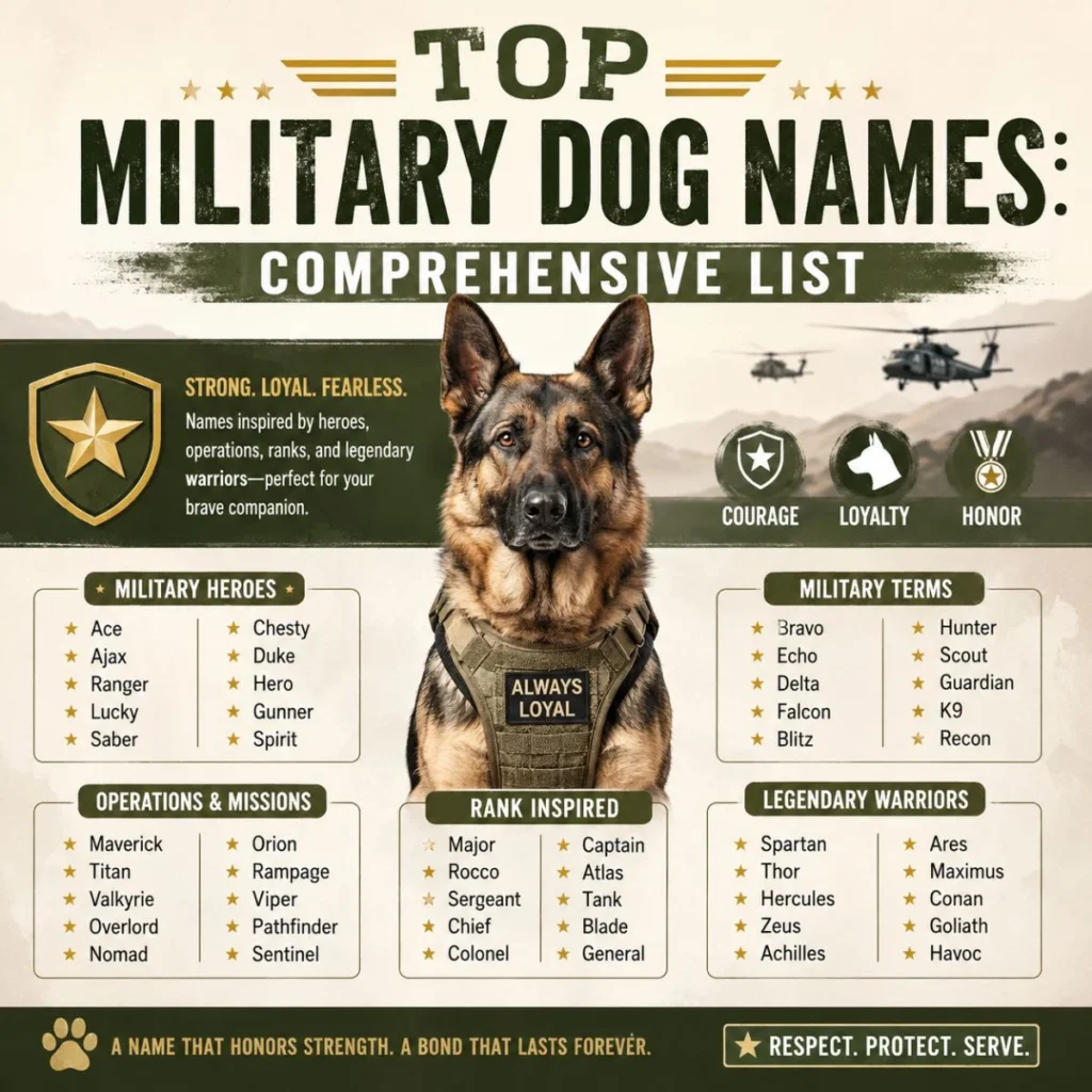 German Shepherd in tactical gear with a comprehensive list of top military dog names inspired by heroes, ranks, and warriors.
