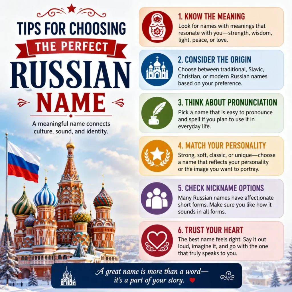 Traditional Russian names for male dogs infographic with a fluffy dog, snowy Moscow backdrop, and classic Russian-inspired name list.