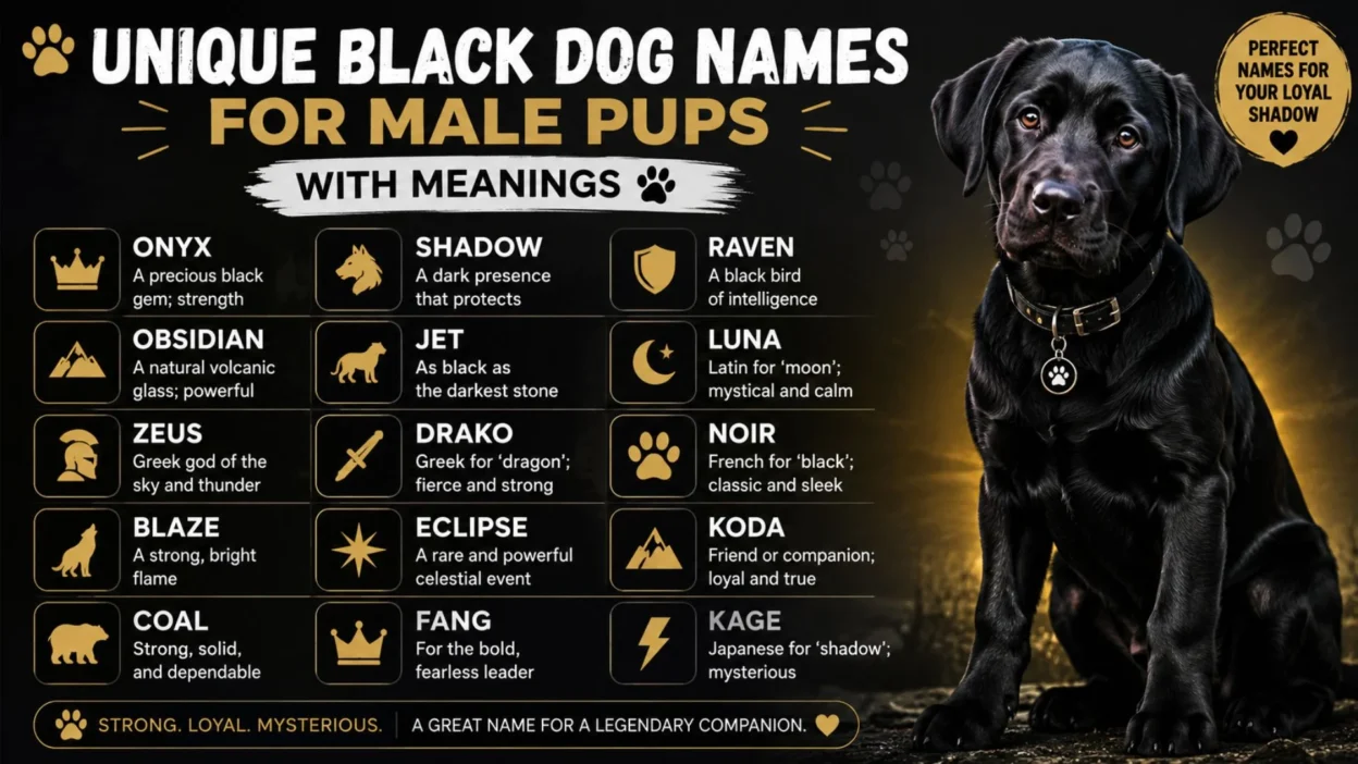 Infographic of unique black dog names for male pups with meanings beside a black Labrador on a black and gold background.