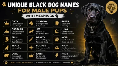 Infographic of unique black dog names for male pups with meanings beside a black Labrador on a black and gold background.