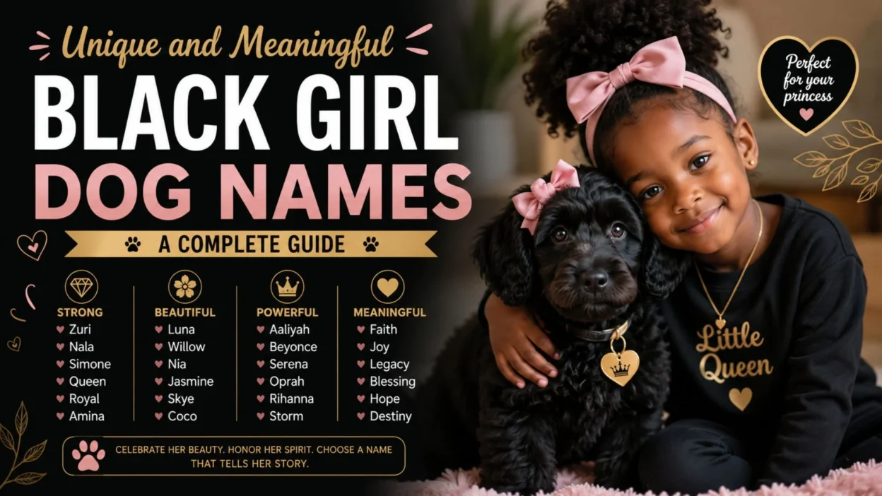 Unique and meaningful black girl dog names infographic featuring a girl cuddling a black puppy and themed name ideas