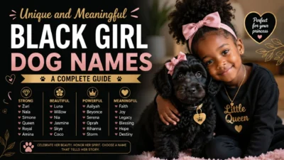 Unique and meaningful black girl dog names infographic featuring a girl cuddling a black puppy and themed name ideas