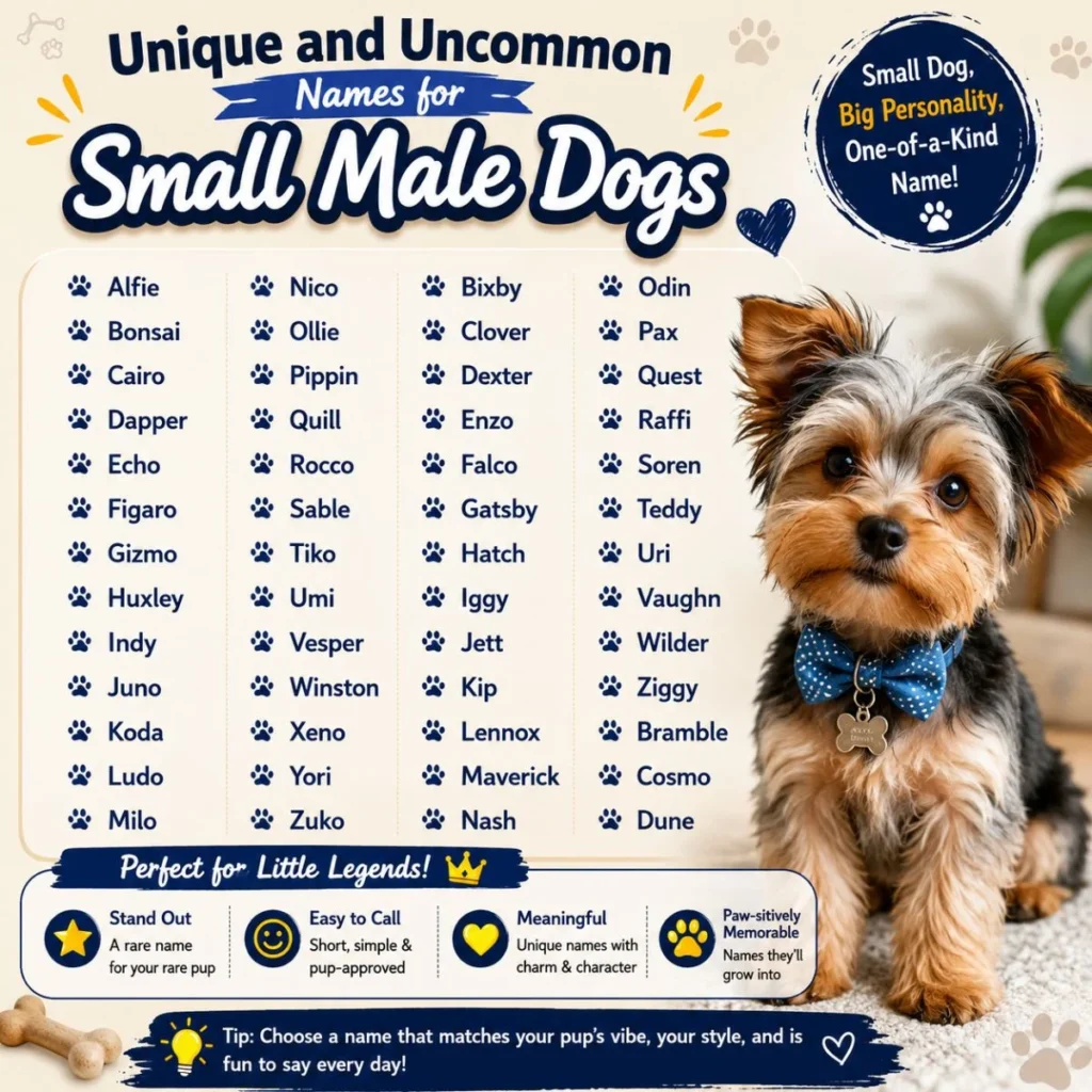 Cute Yorkshire Terrier with a list of unique and uncommon names for small male dogs in a colorful infographic.