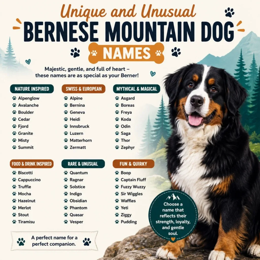 Unique and unusual Bernese Mountain Dog names infographic with a happy Bernese and creative name ideas by category.