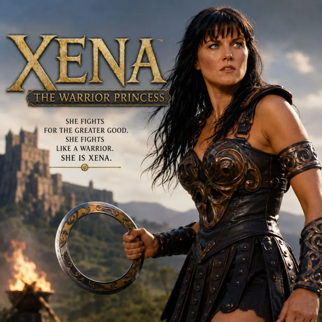 Xena: The Warrior Princess standing in bronze armor with her iconic chakram before a medieval castle at sunset.