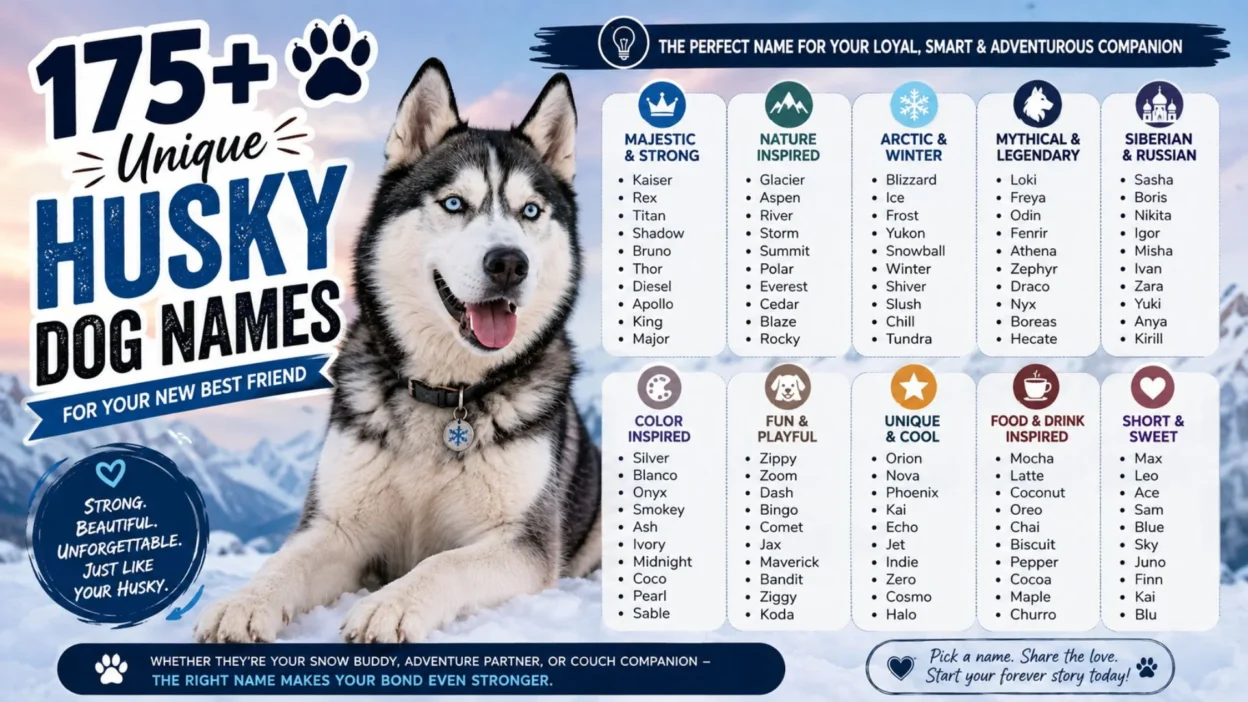 175+ unique Husky dog names infographic featuring a blue-eyed Siberian Husky with categorized name ideas for new puppy owners.