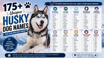 175+ unique Husky dog names infographic featuring a blue-eyed Siberian Husky with categorized name ideas for new puppy owners.