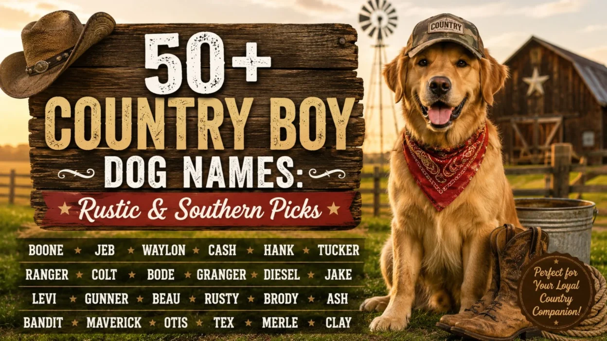 50+ country boy dog names with a golden retriever, cowboy hat, barn, and rustic Southern farm setting
