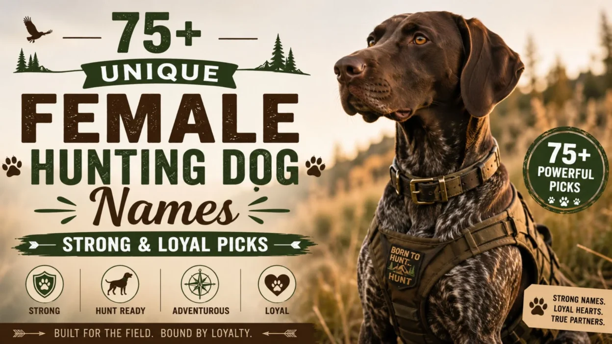Female hunting dog with bold text showcasing 75+ unique female hunting dog names for strong, loyal, and adventurous companions.