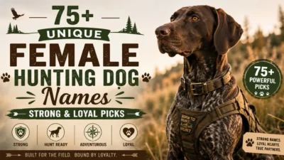 Female hunting dog with bold text showcasing 75+ unique female hunting dog names for strong, loyal, and adventurous companions.