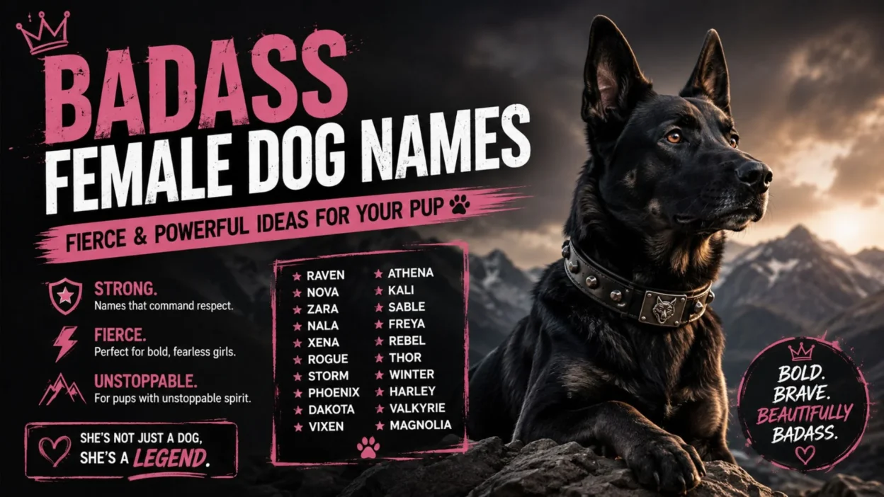 Badass female dog names poster featuring a strong black dog with fierce, powerful name ideas against a mountain backdrop.