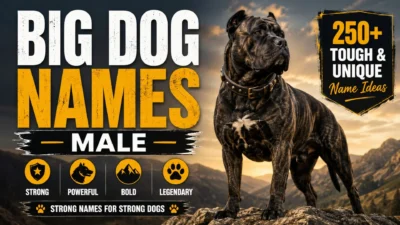 Powerful male big dog standing on a mountain with tough and unique name ideas text