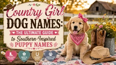 Country girl dog names sign with a golden retriever puppy in a Southern countryside setting