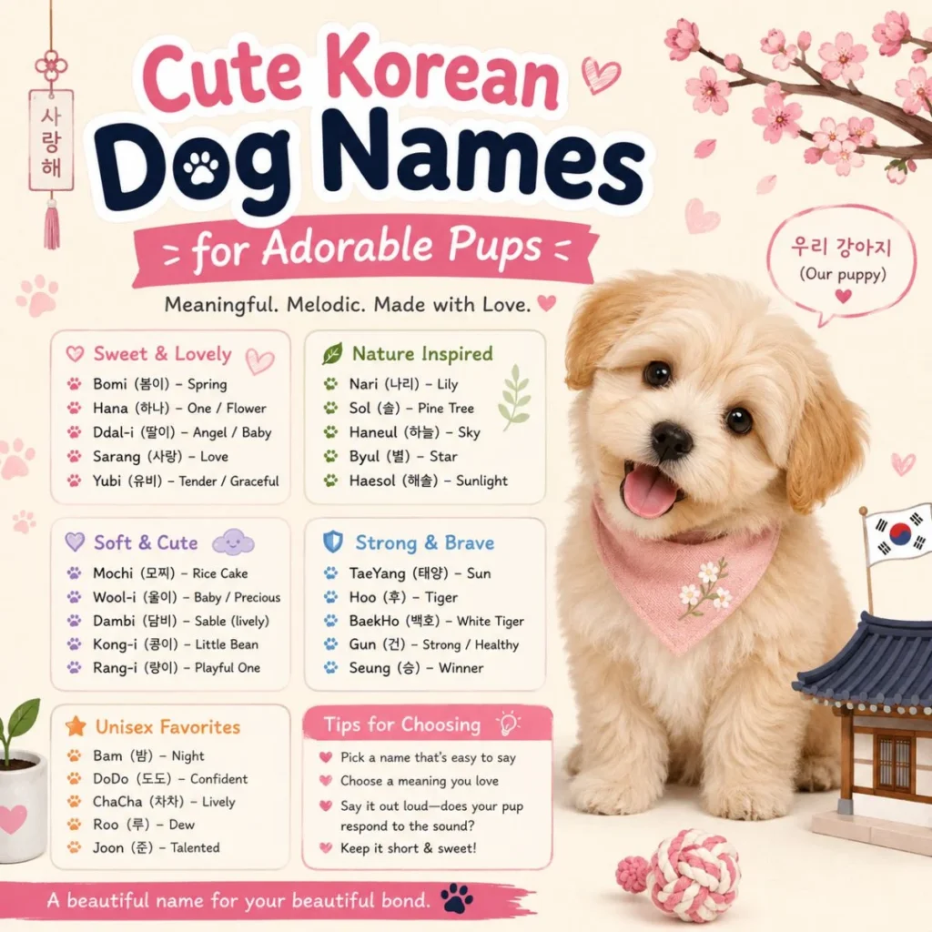 Cute Korean dog names infographic featuring an adorable puppy with meaningful Korean name ideas and naming tips