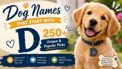 250+ unique and popular dog names that start with D, featuring a happy golden retriever