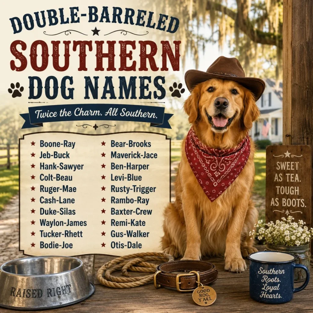 Golden Retriever in a cowboy hat with a list of double-barreled Southern dog names on a rustic farmhouse-themed poster.
