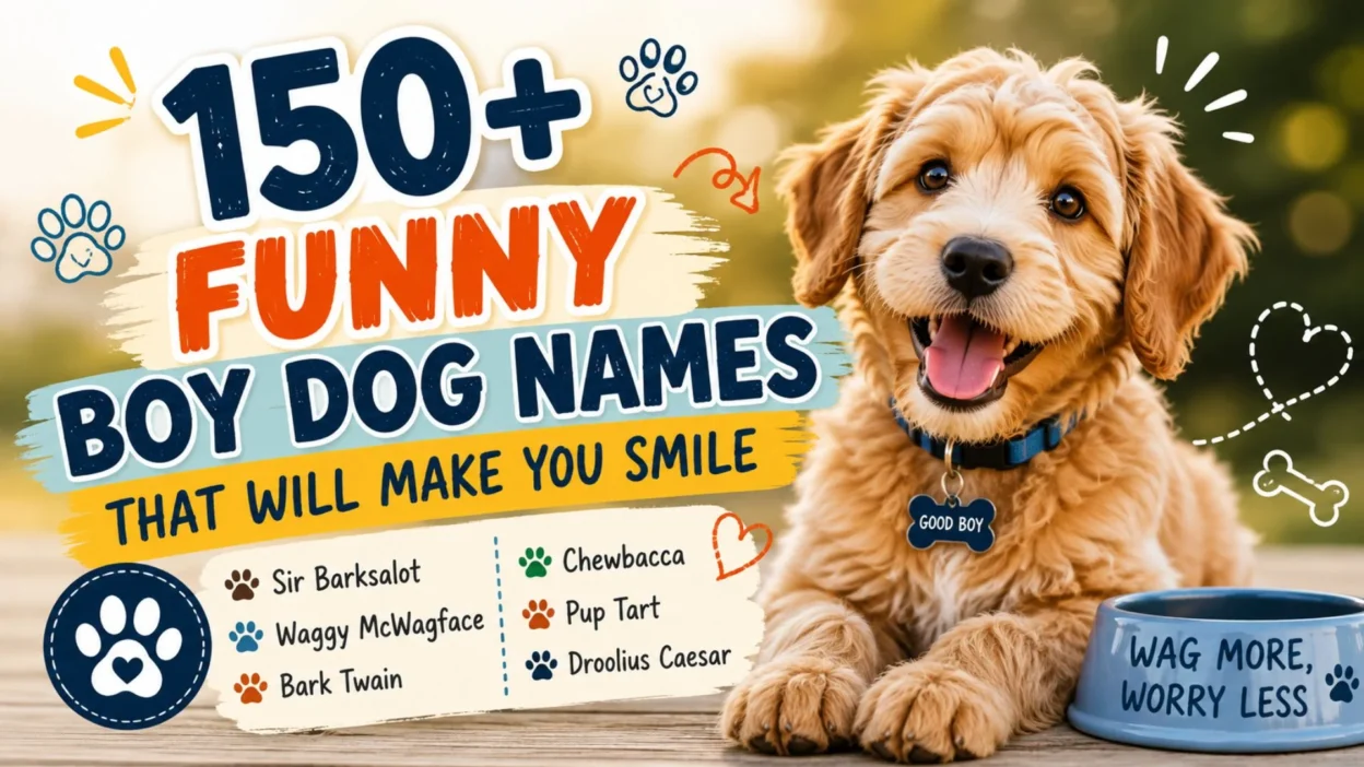 150+ funny boy dog names with a cheerful golden puppy and playful name ideas