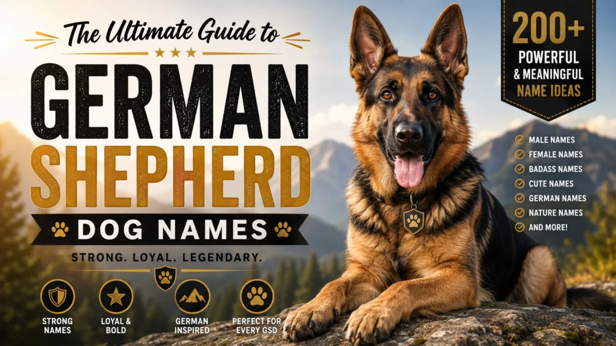 German Shepherd dog with mountain backdrop promoting the ultimate guide to German Shepherd dog names and naming ideas.