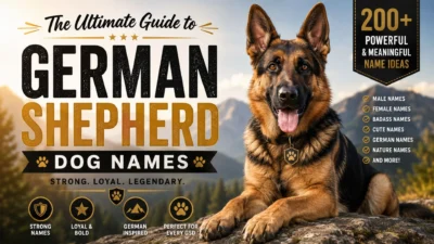 German Shepherd dog with mountain backdrop promoting the ultimate guide to German Shepherd dog names and naming ideas.
