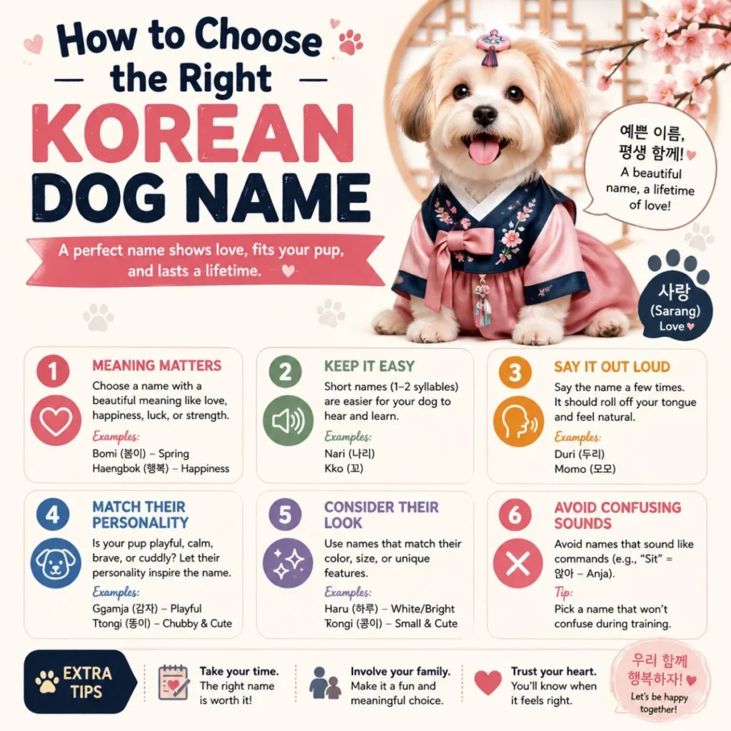 Korean dog name guide infographic with a cute puppy in a hanbok and tips for choosing meaningful, easy-to-pronounce pet names.
