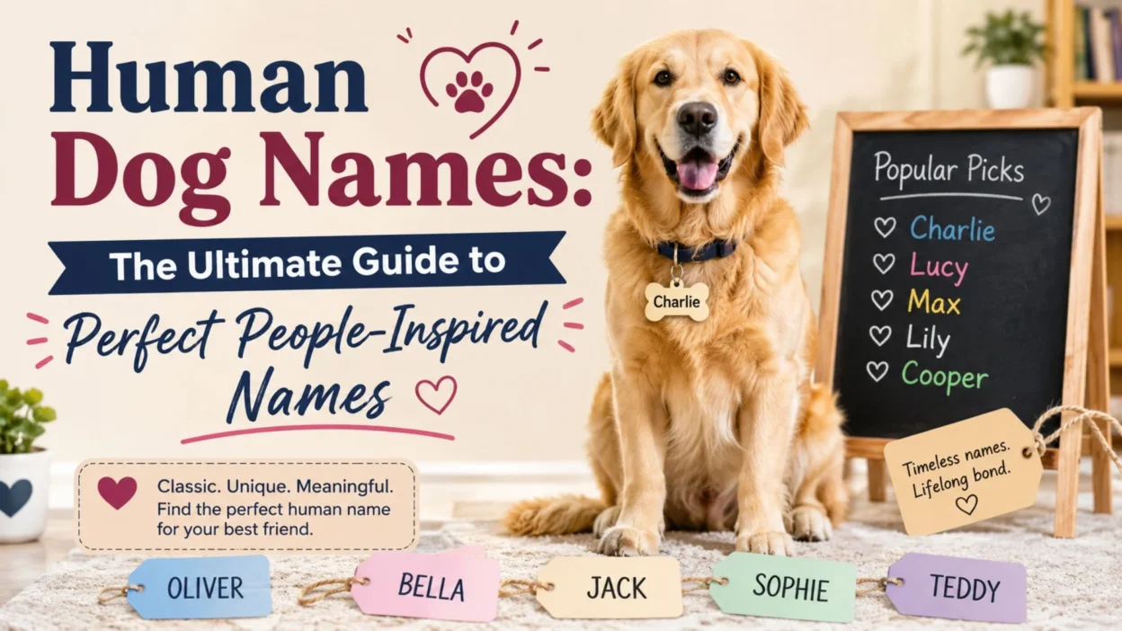 Human dog names guide featuring a golden retriever and popular people-inspired dog names.
