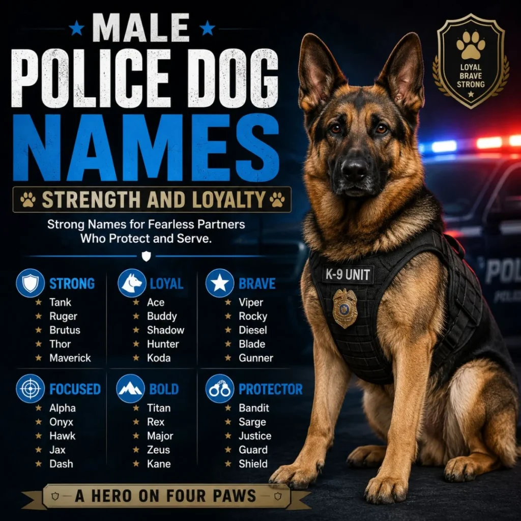 Male police dog names infographic featuring a German Shepherd K-9 with strong, loyal, brave, and protector-inspired name ideas.