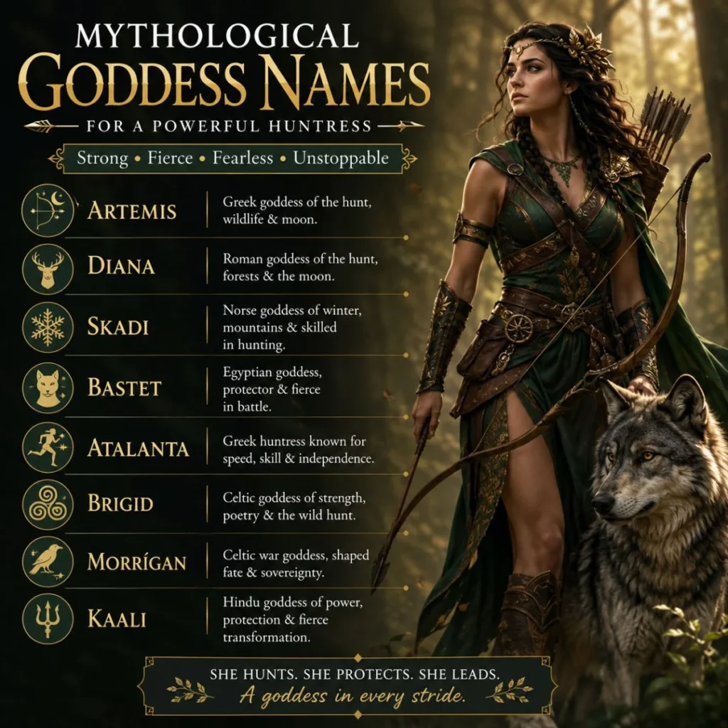 Mythological goddess names for a powerful huntress featuring Artemis, Diana, Skadi, Bastet, Atalanta, Brigid, Morrígan, and Kaali.