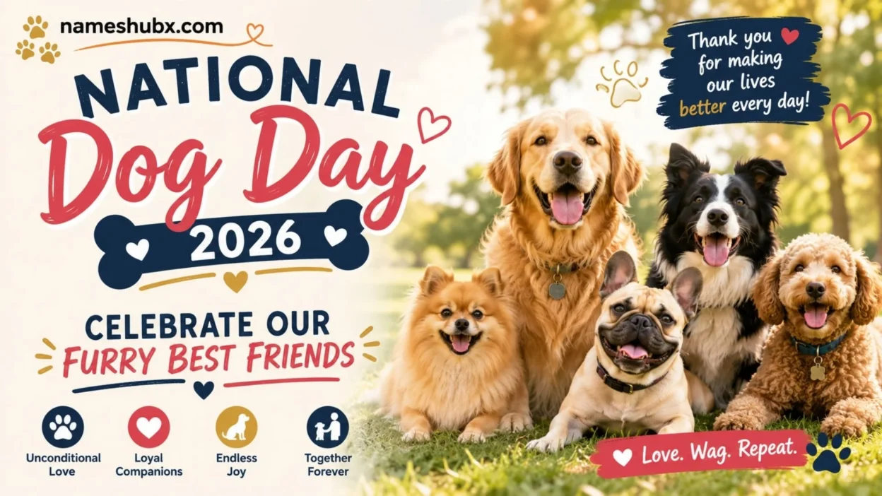 National Dog Day 2026 celebration with happy dogs and a message honoring furry best friends