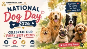 National Dog Day 2026 celebration with happy dogs and a message honoring furry best friends