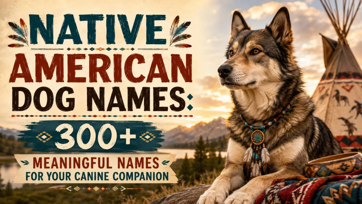 Native American dog names with a wolf-like dog beside a tipi and mountain lake landscape