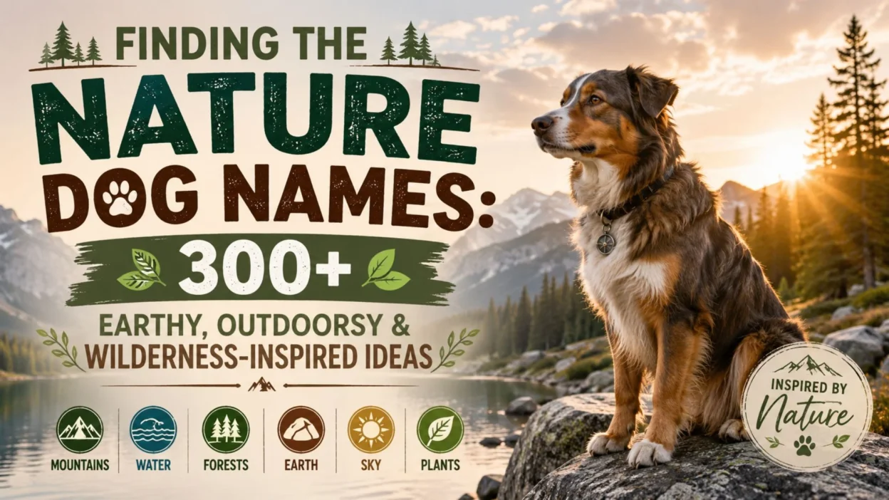 Nature dog names with a dog overlooking a mountain lake, forest, and wilderness landscape