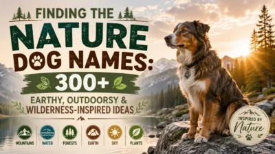 Nature dog names with a dog overlooking a mountain lake, forest, and wilderness landscape
