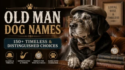 Old gray-muzzled dog wearing a tweed cap and glasses promoting 150+ timeless old man dog names in a vintage library.