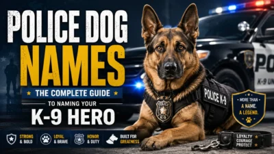 German Shepherd police K-9 in tactical harness beside a patrol car for a complete guide to police dog names