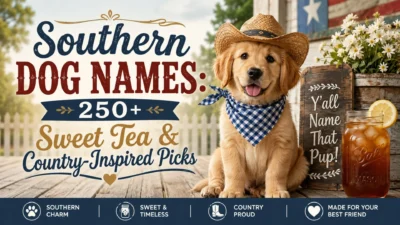 Golden Retriever puppy in a cowboy hat with Southern dog names, sweet tea, and country-inspired name ideas banner