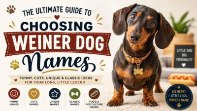 Dachshund sitting beside a guide for choosing funny, cute, unique, and classic weiner dog names