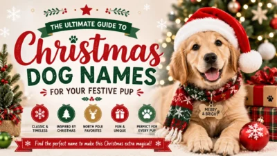 Golden Retriever puppy in a Santa hat with Christmas decorations promoting festive Christmas dog names for holiday pets.