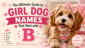 Cute girl dog names starting with B featuring a fluffy puppy in a pink bow