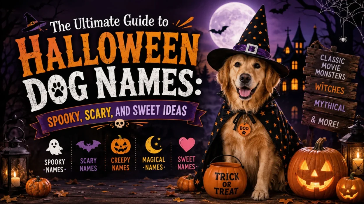 Halloween dog names guide featuring a golden retriever in a witch costume with pumpkins and spooky decor