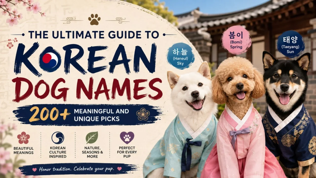 Korean dog names guide featuring three dogs in colorful hanbok with 200+ meaningful and unique Korean puppy name ideas.