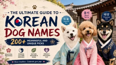 Korean dog names guide featuring three dogs in colorful hanbok with 200+ meaningful and unique Korean puppy name ideas.