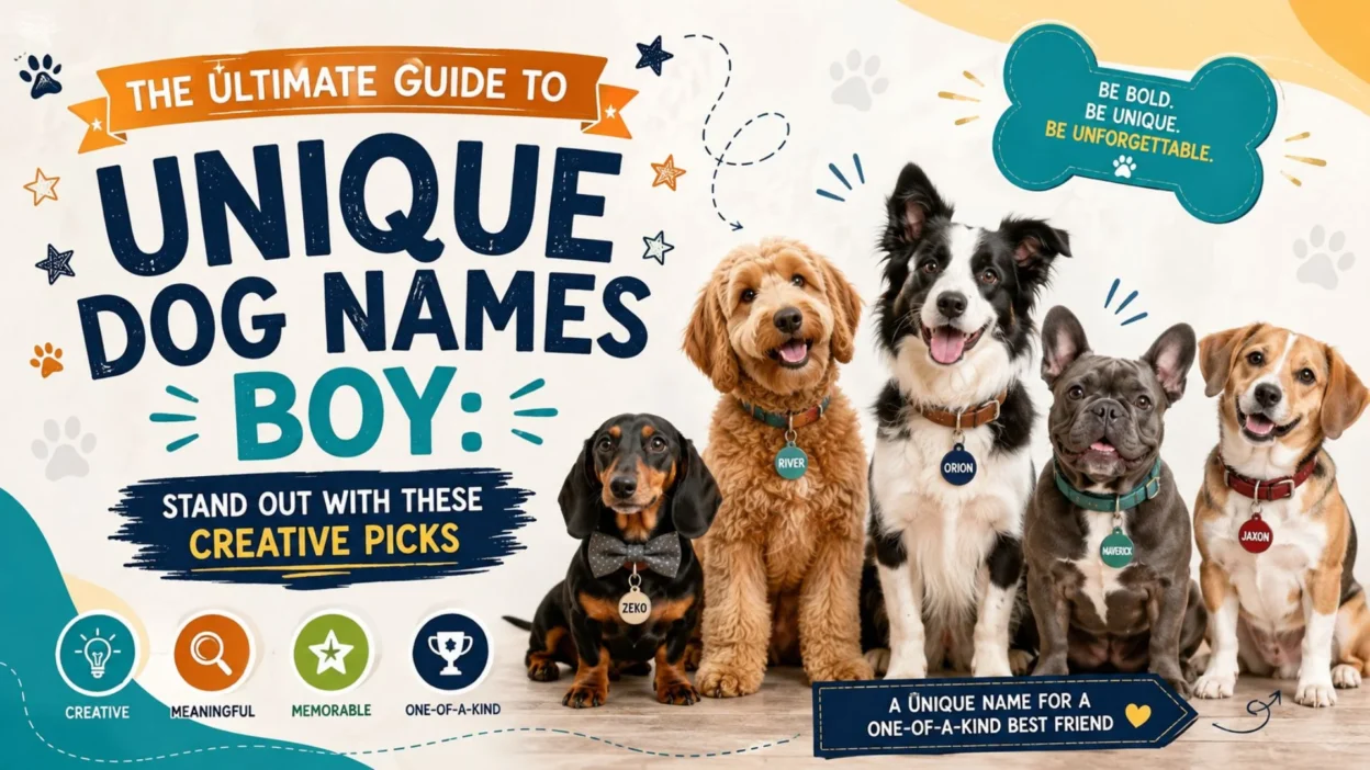 Unique boy dog names guide featuring five adorable dogs and creative name ideas