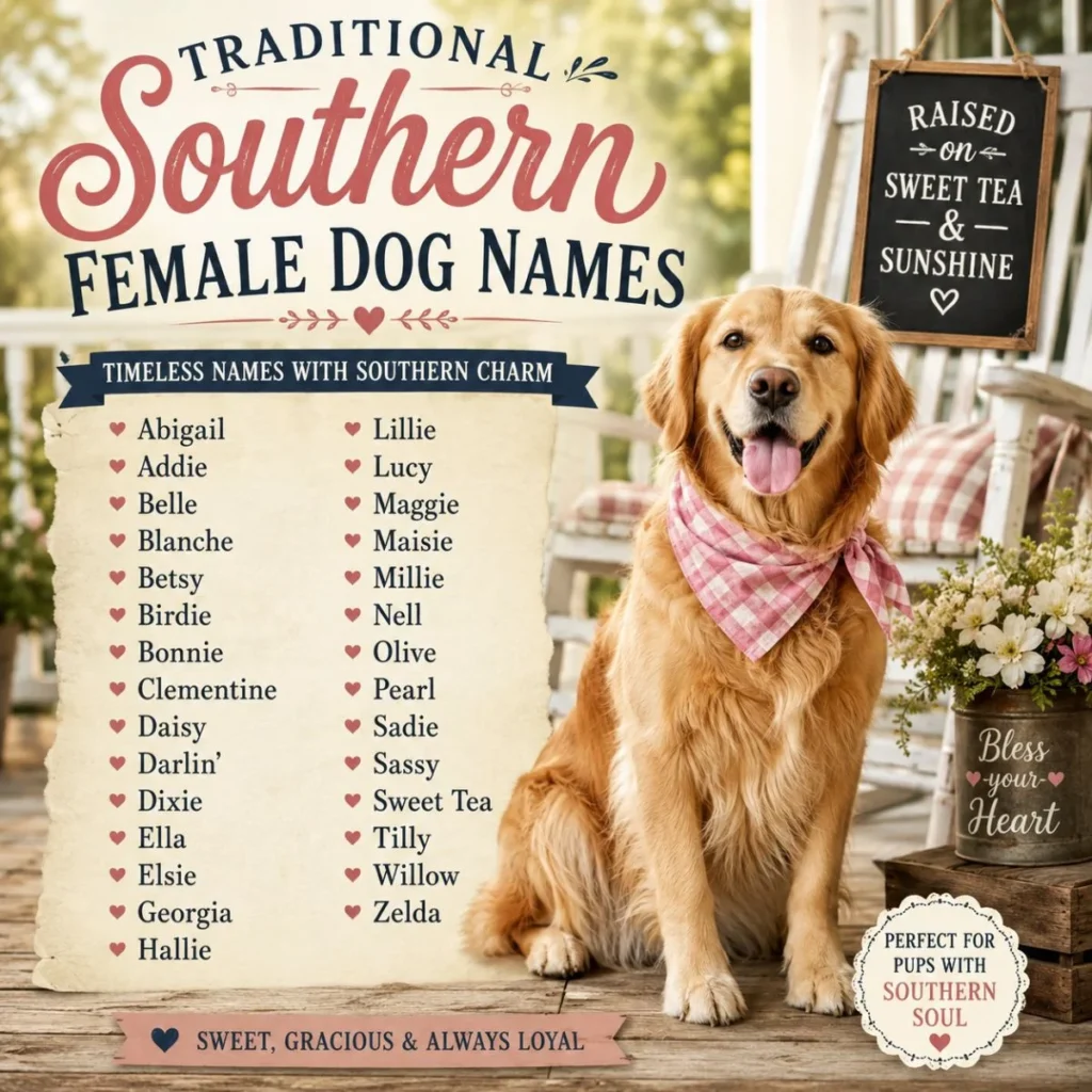 Traditional Southern female dog names infographic featuring a Golden Retriever on a rustic porch with classic puppy name ideas.