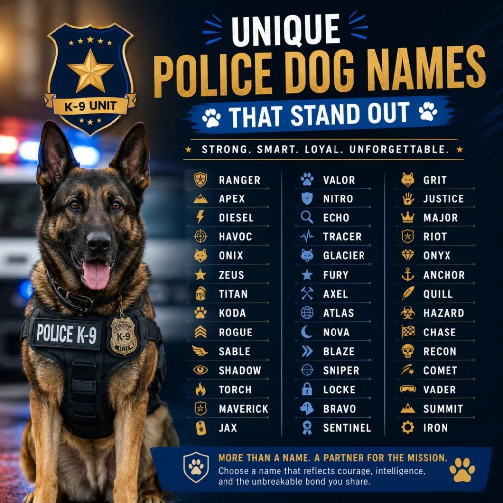 German Shepherd police K-9 infographic featuring unique police dog names with tactical design and law enforcement theme.