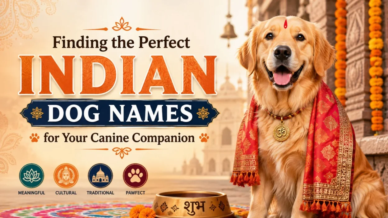 Golden retriever in traditional Indian attire with Indian dog names as a title