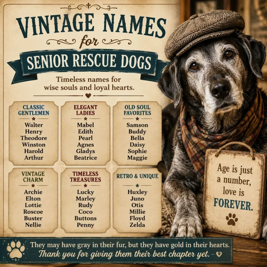 Vintage names for senior rescue dogs infographic featuring a gray-faced rescue dog and timeless male and female dog name ideas.