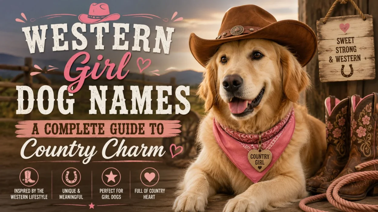 Western girl dog names guide featuring a golden retriever in a cowboy hat and pink bandana